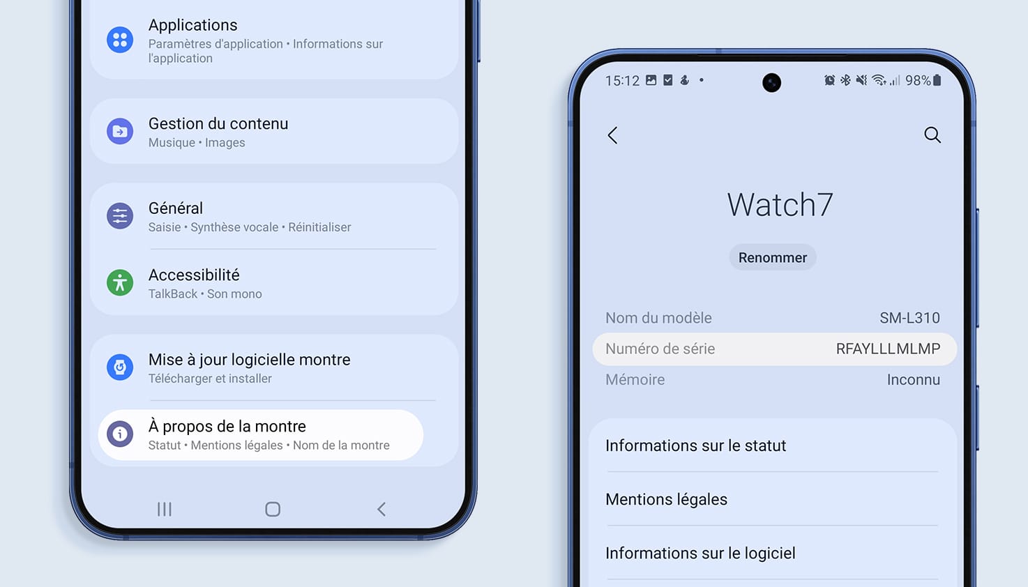 Les param&egrave;tres de ton t&eacute;l&eacute;phone pour retrouver le num&eacute;ro de s&eacute;rie de ta Samsung Watch.