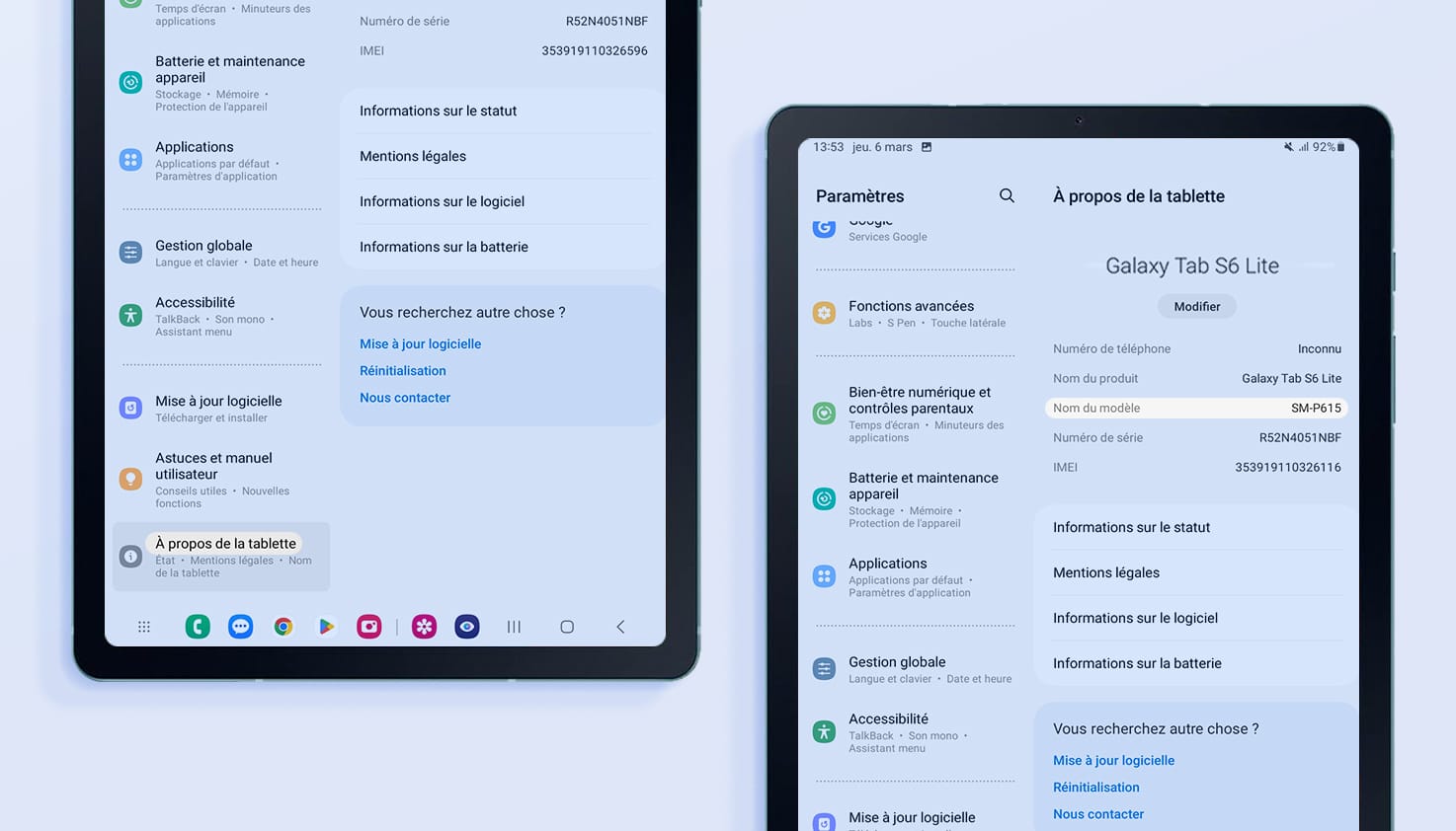 Aperçu des paramètres d'une tablette Samsung.