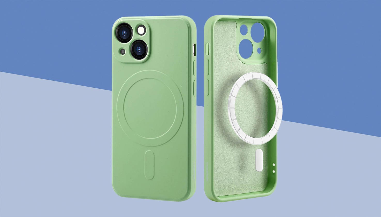 Un iPhone avec une coque MagSafe verte, l'arri&egrave;re-plan est bleu.