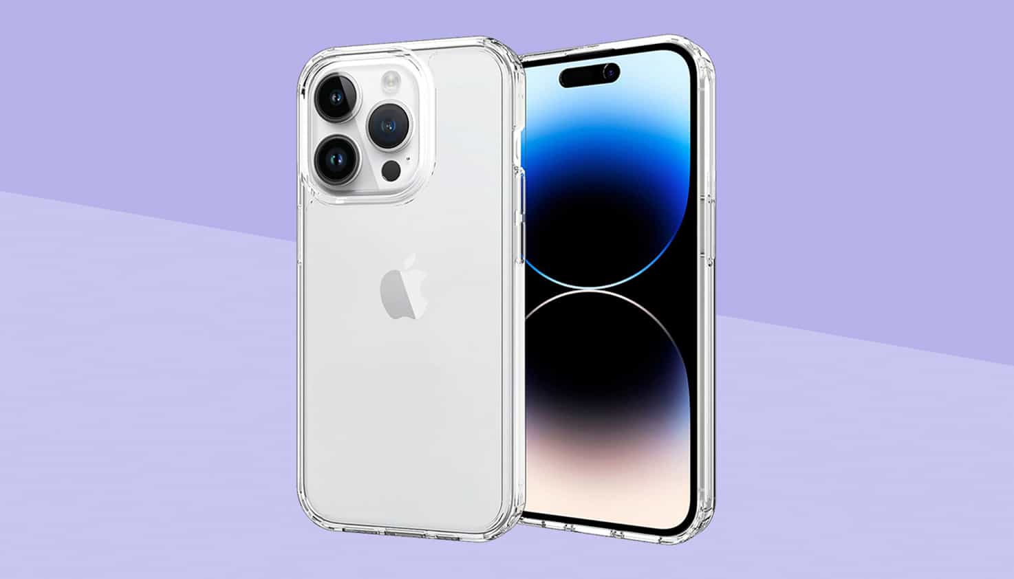Une coque de t&eacute;l&eacute;phone transparente avec rev&ecirc;tement antiadh&eacute;sif est au centre avec un fond de couleur violette.