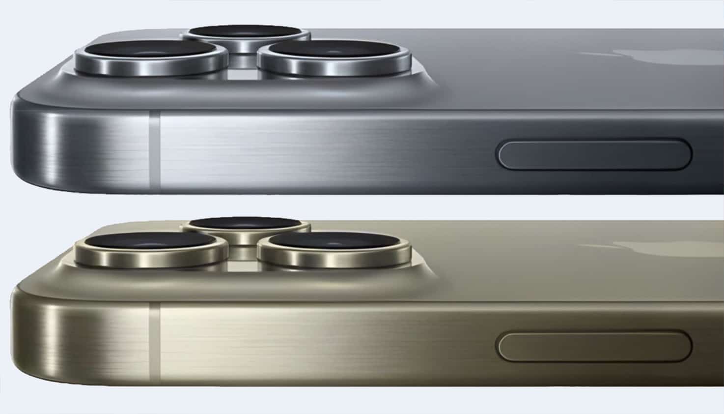 Deux iPhones visibles avec les nouvelles couleurs attendues : titane jaune et titane gris.