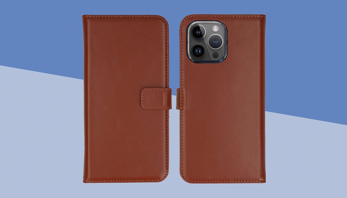 Un iPhone avec un &eacute;tui de t&eacute;l&eacute;phone portefeuille en cuir v&eacute;ritable, l'arri&egrave;re-plan est bleu.