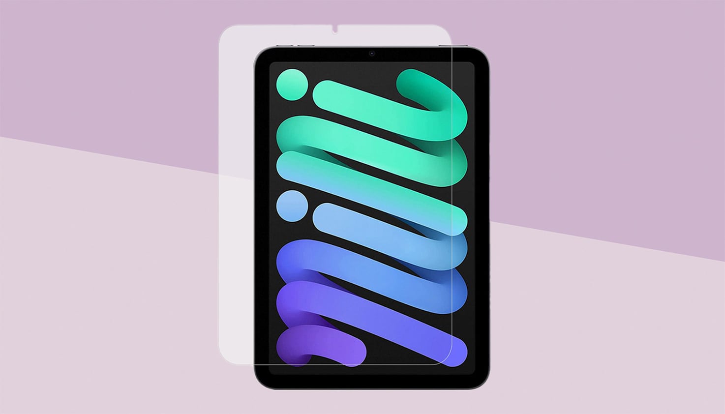 Une tablette avec un protecteur d'écran au toucher papier, l'arrière-plan est violet.