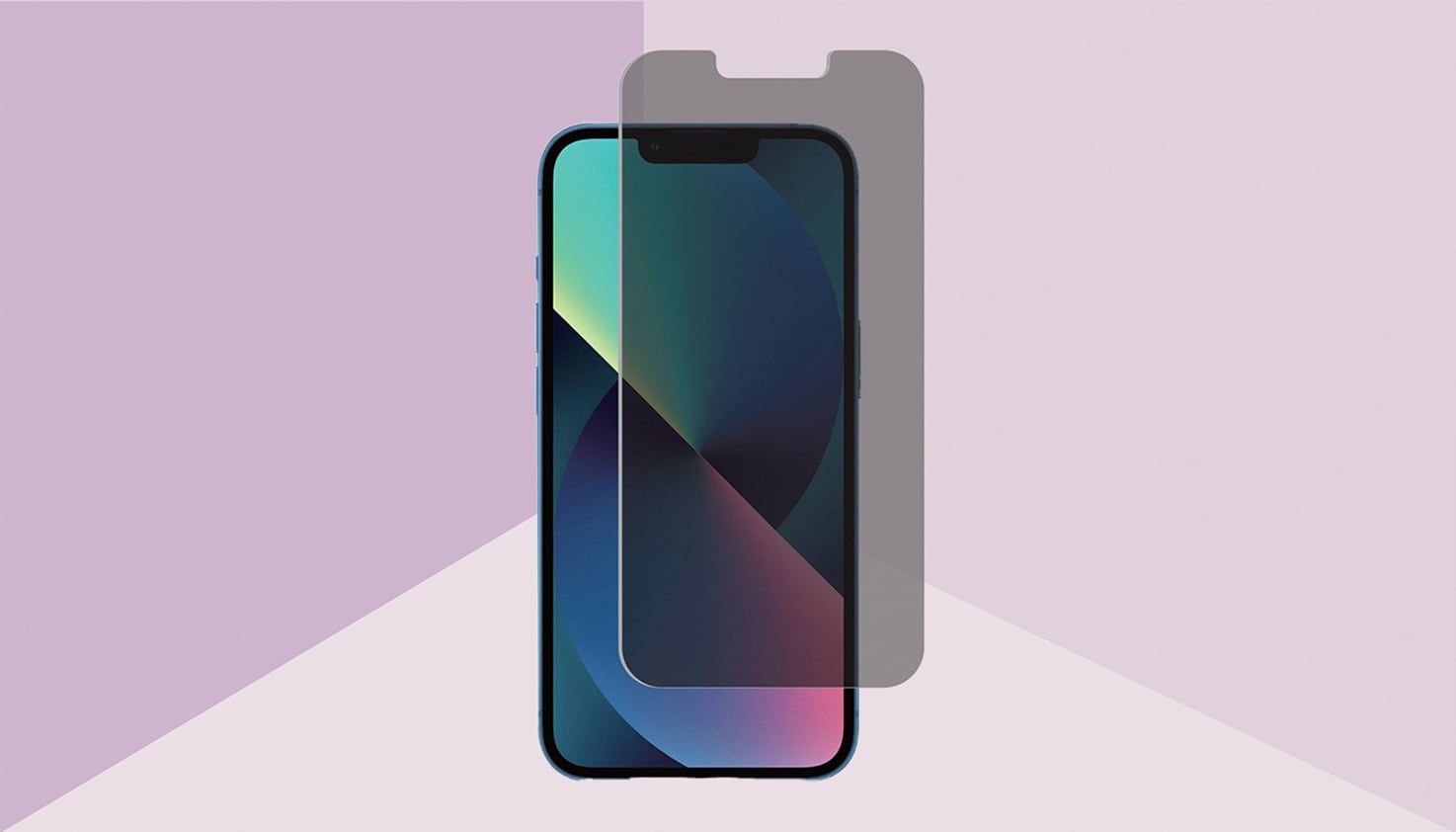 Un iPhone avec un protège-écran de confidentialité, l'arrière-plan est violet.