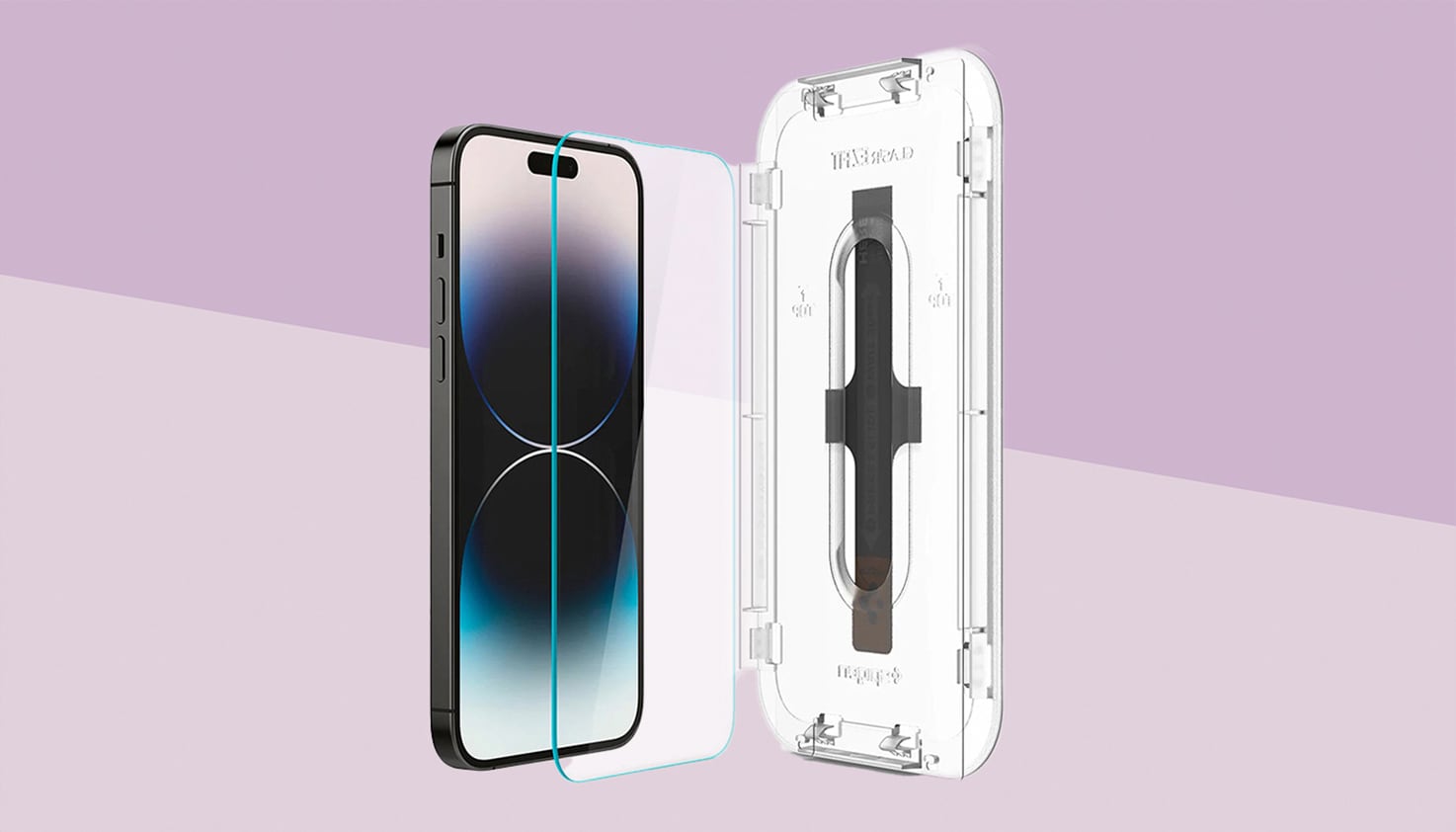 Un protège-écran avec applicateur pour un iPhone, l'arrière-plan est violet.