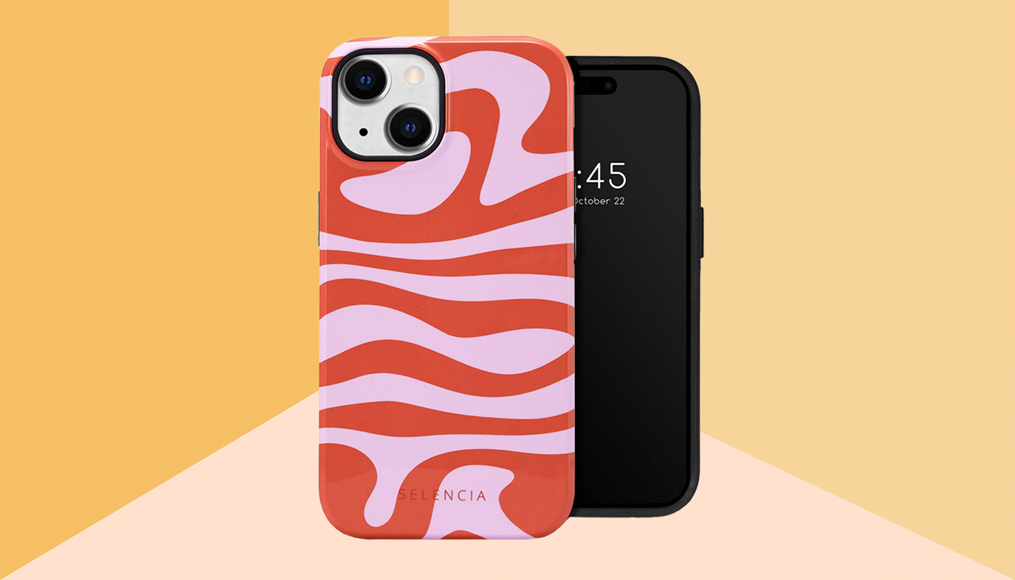 Un coque arri&egrave;re avec une impression de couleur lilas et rouge et un iPhone, sur un fond jaune.