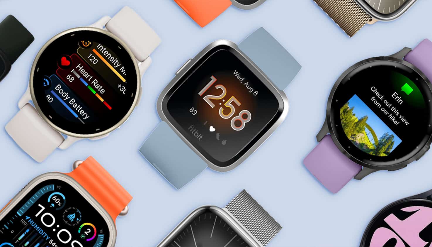 différents modèles de montres connectées sur un fond bleu, dont l'Apple Watch, la Samsung Galaxy Watch et la Fitbit