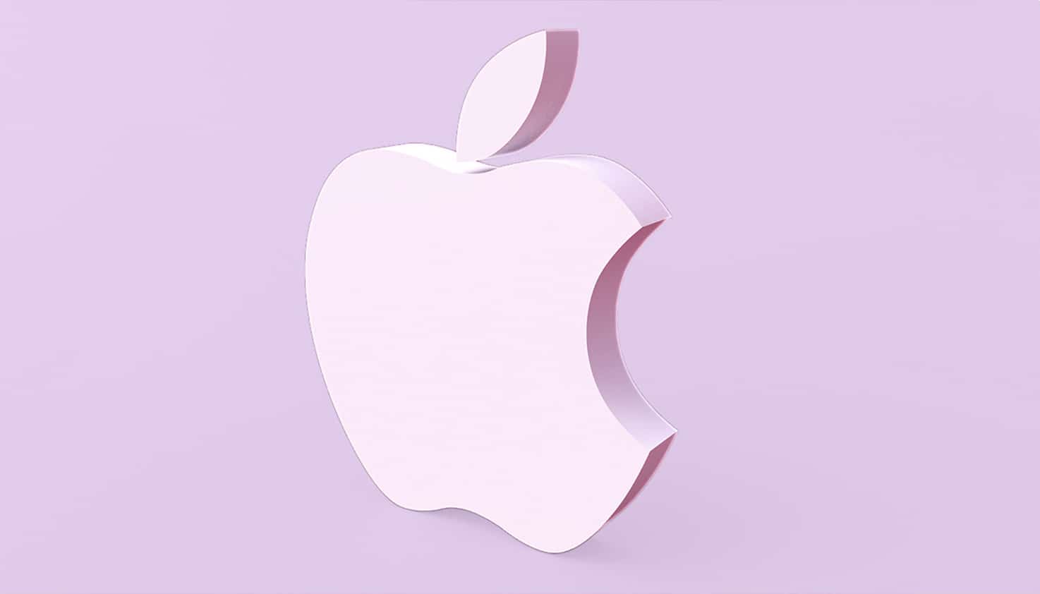 Le logo Apple est positionné au centre, le logo est d'une couleur violet clair qu'on retrouve également en arrière-plan.