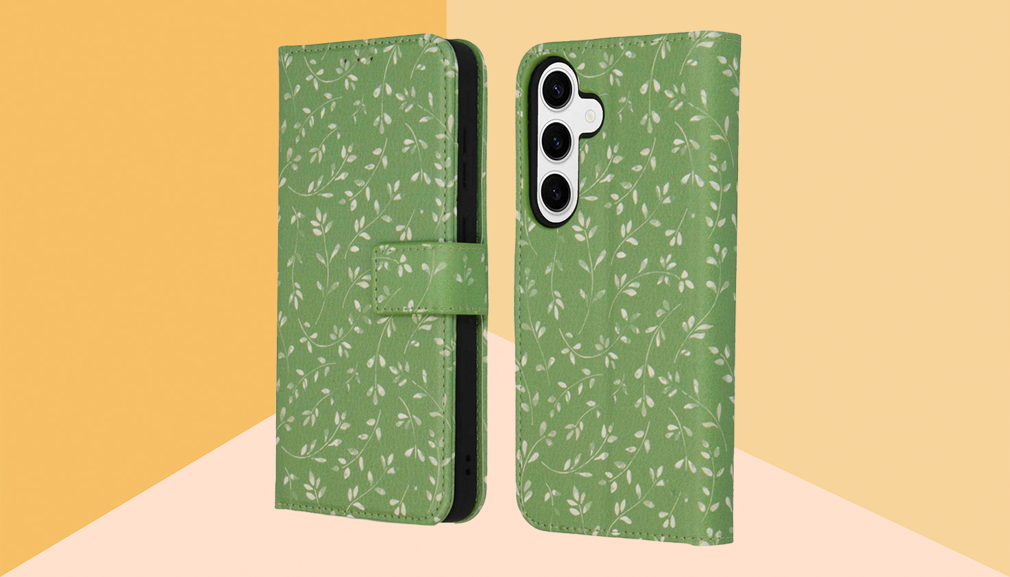 Un Samsung avec un &eacute;tui &agrave; rabat, la coque de t&eacute;l&eacute;phone a un motif de fleurs.