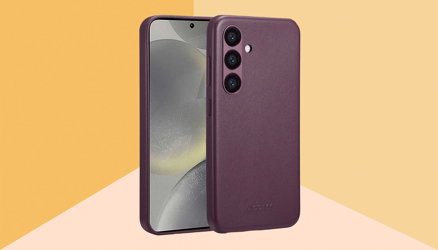 Un Samsung avec une coque de t&eacute;l&eacute;phone en cuir violet avec un fond jaune, la coque est une backcover.