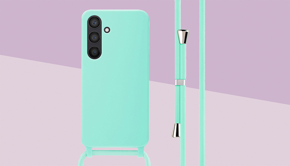Un Samsung avec une coque de t&eacute;l&eacute;phone turquoise avec cordon, l'arri&egrave;re-plan est de deux couleurs violettes.