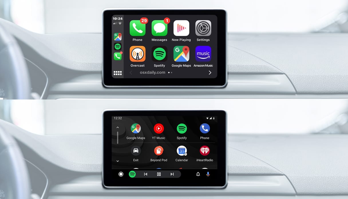 Les diff&eacute;rences entre les ic&ocirc;nes Apple CarPlay et Android Auto sont affich&eacute;es.