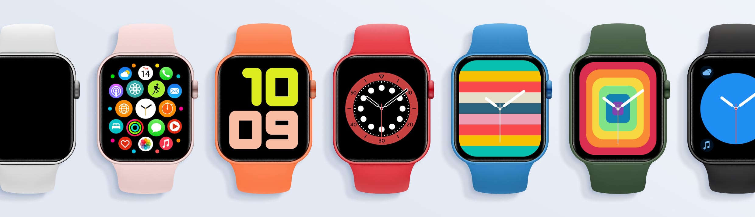 Photo de plusieurs Apple Watch avec différents arrière-plans sur un fond bleu.