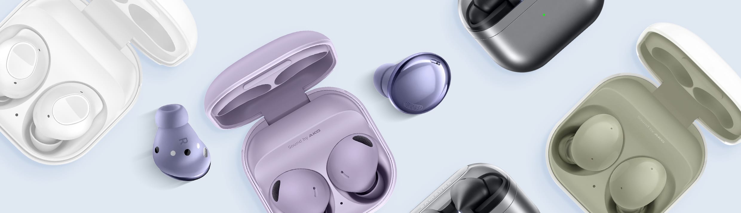 Samsung Galaxy Buds en diff&eacute;rentes couleurs.