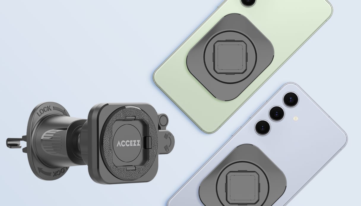 Une photo produit de deux t&eacute;l&eacute;phones avec une plaque magn&eacute;tique et un support pour t&eacute;l&eacute;phone avec un syst&egrave;me de fixation &agrave; clic.