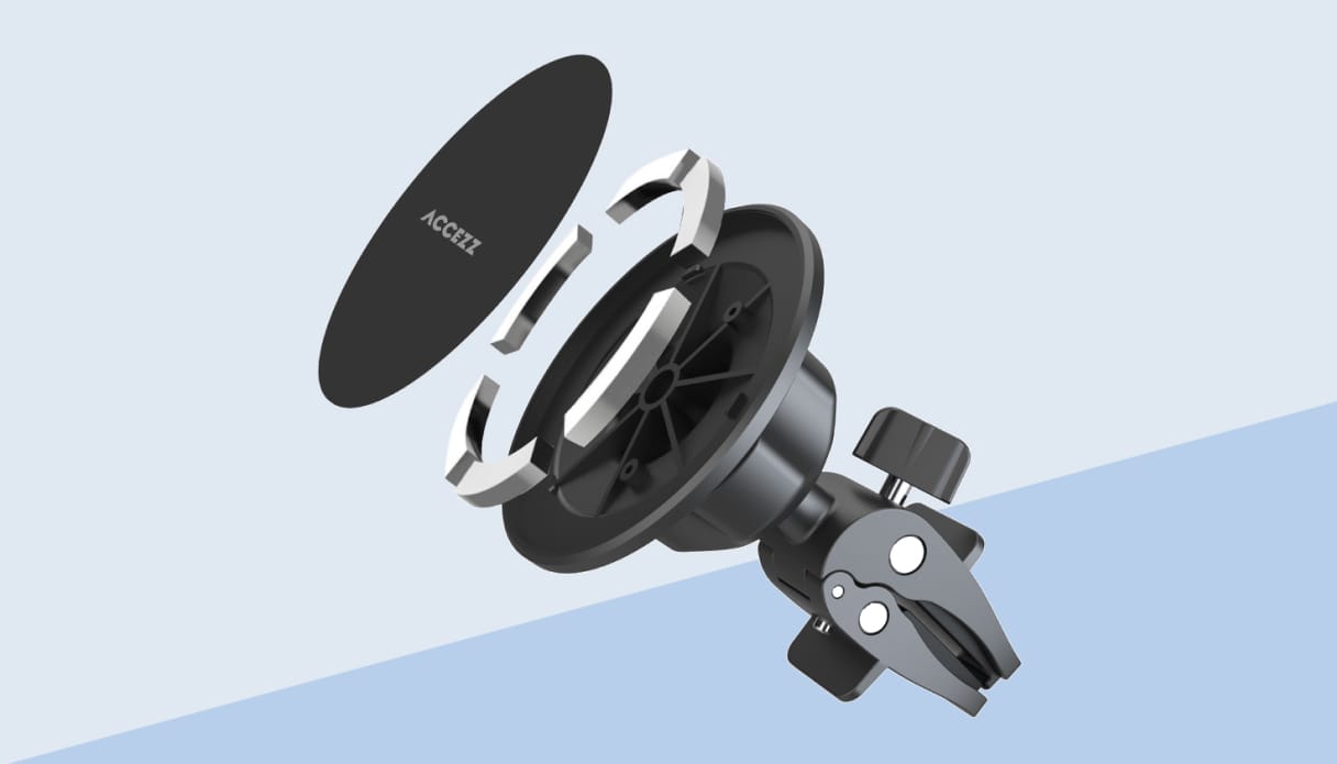 Une photo d&rsquo;un support magn&eacute;tique pour t&eacute;l&eacute;phone, d&eacute;mont&eacute; pour illustrer son fonctionnement.