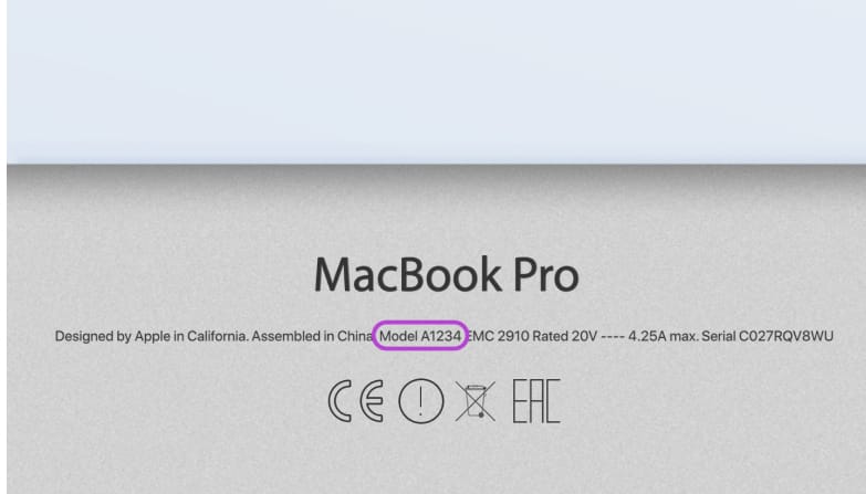 Dessous du Macbook, où se trouve le numéro de modèle.