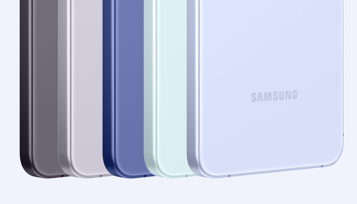 Cinq appareils Samsung dans diff&eacute;rentes couleurs pastel.