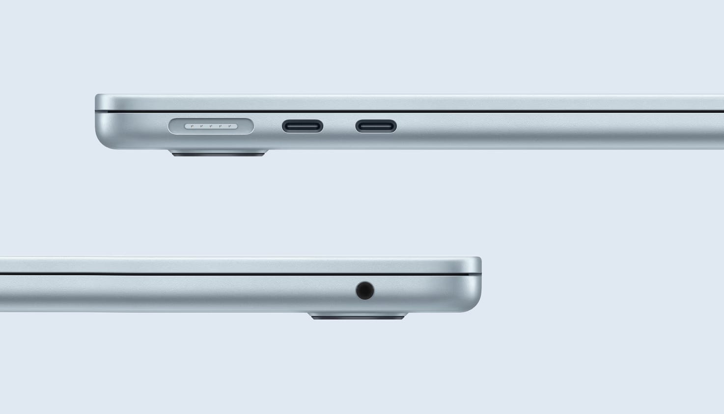 Un MacBook vu sous deux angles différents avec des connecteurs variés.