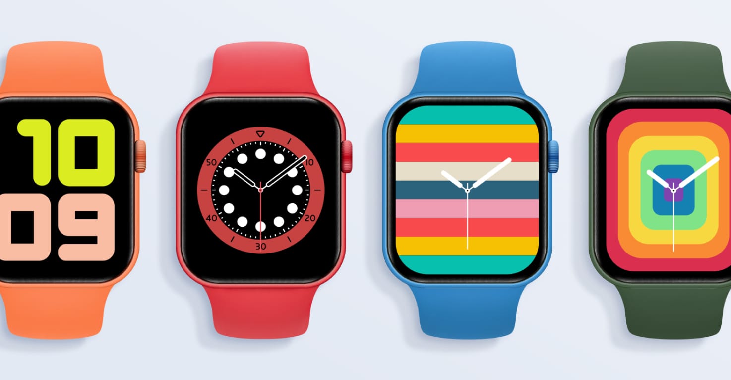 Photo de plusieurs Apple Watch avec différents arrière-plans sur un fond bleu.