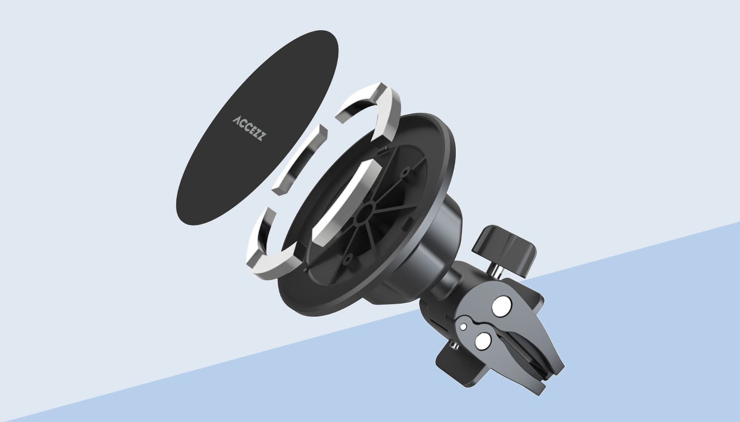 Une photo d&rsquo;un support magn&eacute;tique pour t&eacute;l&eacute;phone, d&eacute;mont&eacute; pour illustrer son fonctionnement.