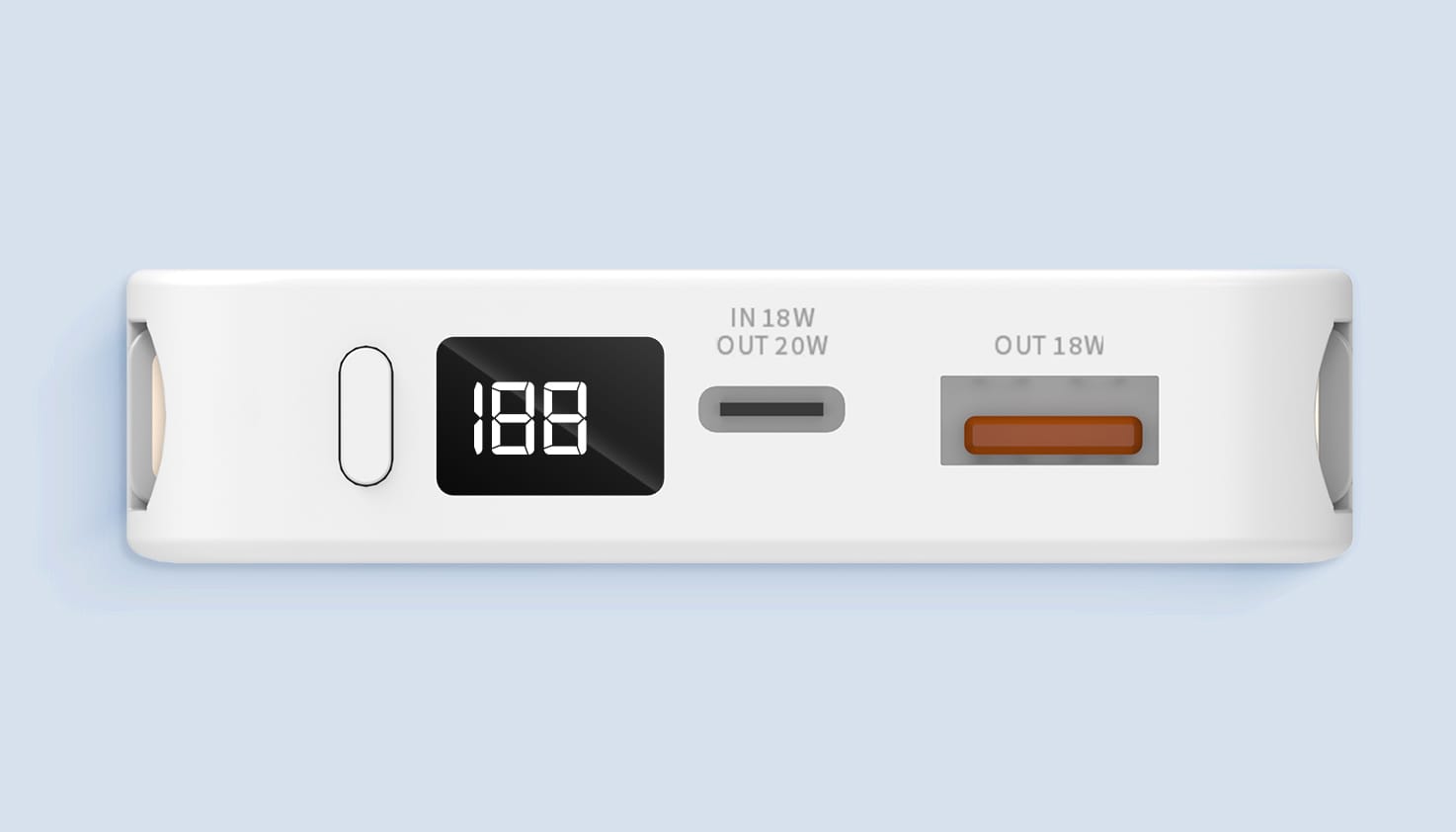 Vue de profil d'une batterie externe blanche sur fond bleu clair. Les ports sont visibles, ainsi que le bouton marche/arrêt et l'écran LED affichant le code « 188 ».
